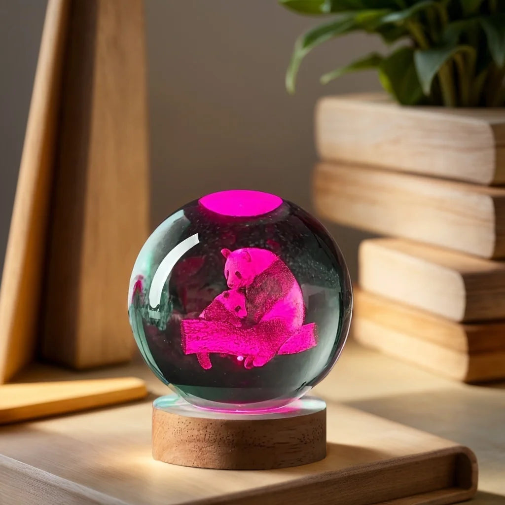 3D Laser Engraved Panda Crystal Ball Night Light – LED Glass Decor Gift