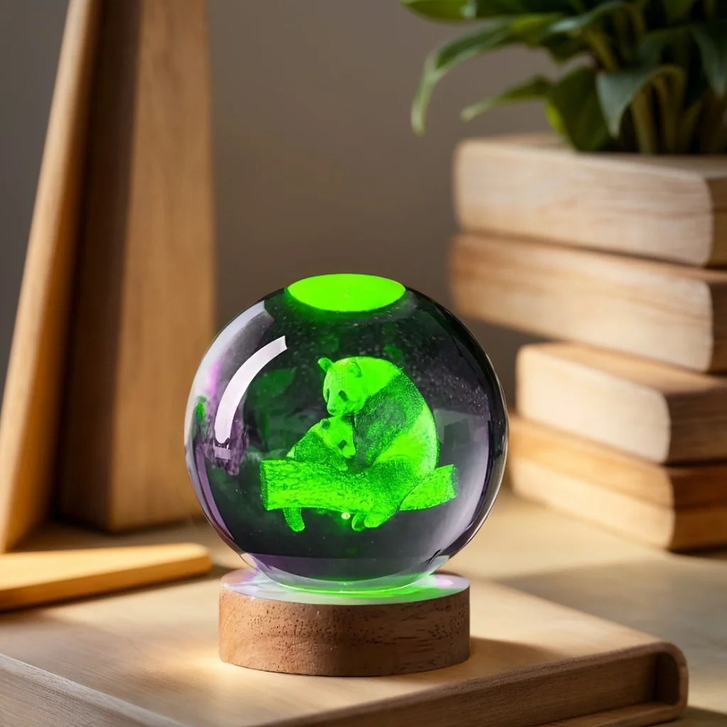 3D Laser Engraved Panda Crystal Ball Night Light – LED Glass Decor Gift