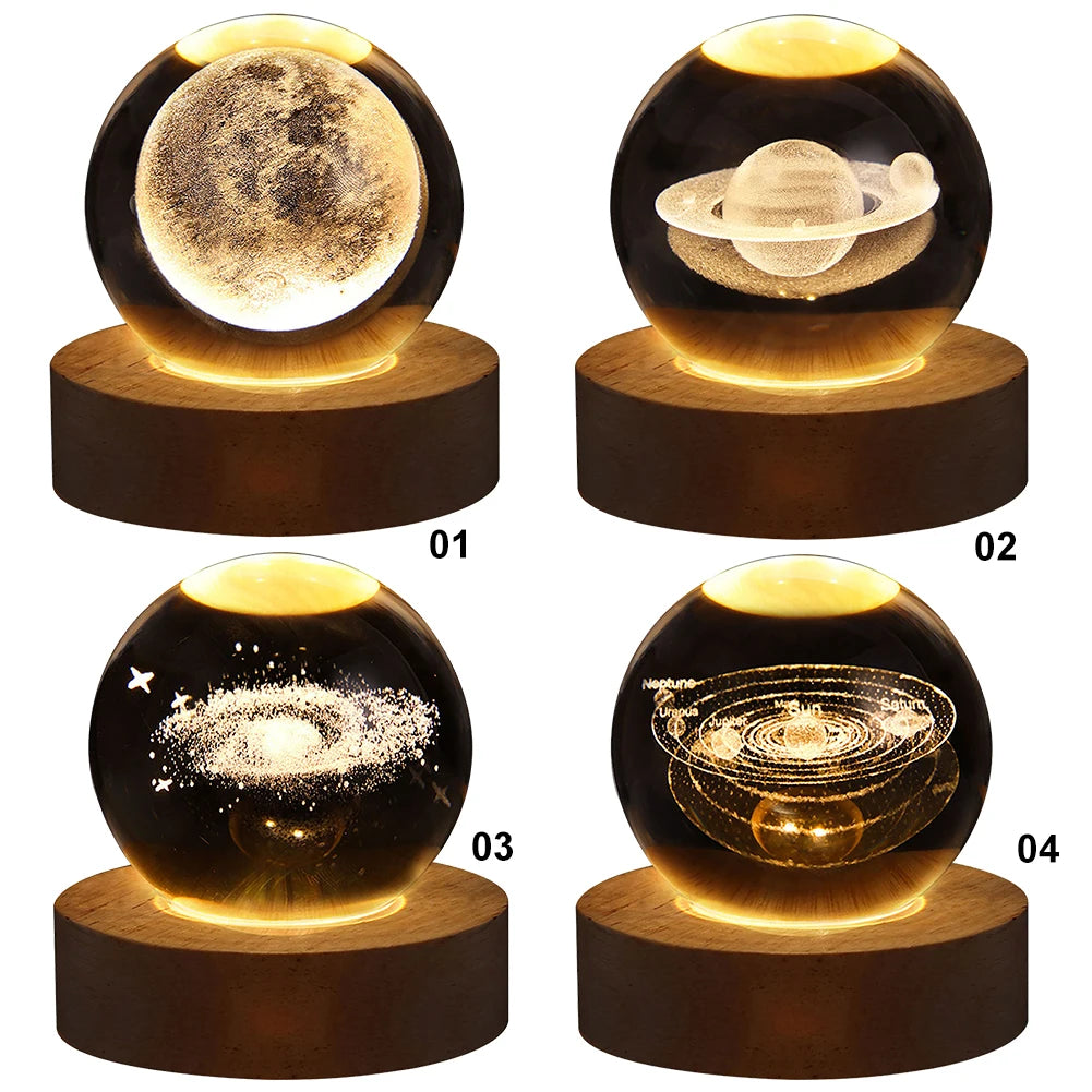 3D Crystal Ball Galaxy Lamp – USB Night Light with Planet Projection